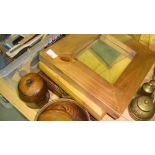 Treen : modern pine mirrors, oak tobacco jar, carved wall plaque etc.