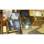 3 x boxes of woodworking tools, ammunition tin, 2 x vintage brass fire extinguishers etc.