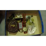 Box of collar studs, plated cuff links, Yeoman vintage wristwatch etc.