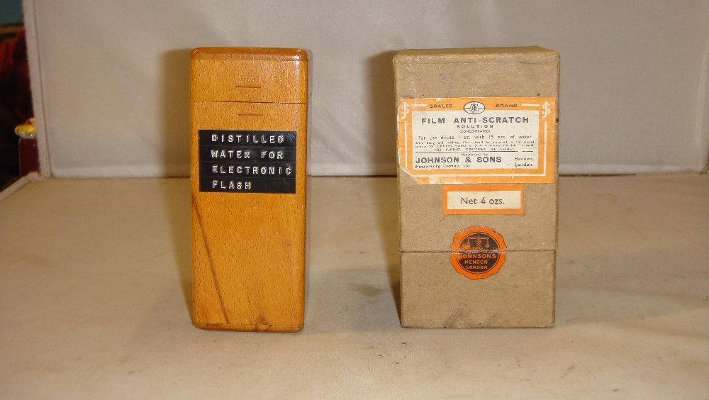 Vintage Anti Scratch solution & distilled water in box wood case