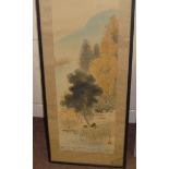 Late 19 early 20th century Oriental watercolour on silk River and Mountain scene F&G 80 cms x 23