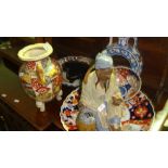 Assorted Japanese Imari dishes and Chinese figure of gentleman & Indian moon flask