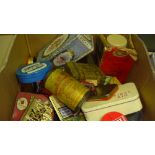 Box of assorted tins and storage tins