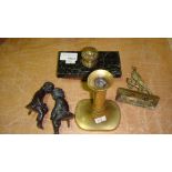 Victorian desk blotter, 19th century brass candlestick, bronze cherubs & brass pheasant ornament,