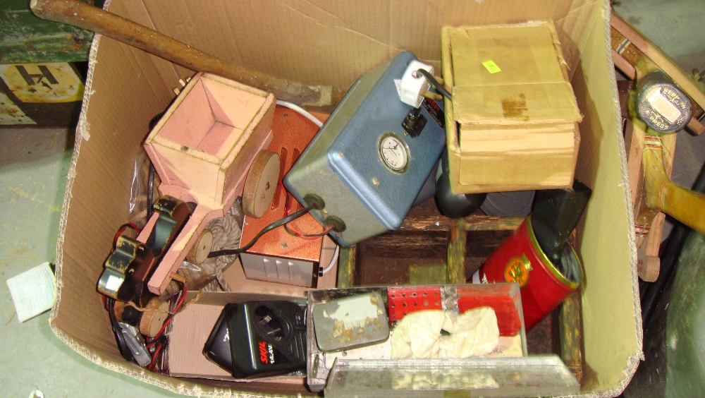 Box of tools, trug, Meccano spares, toy dog etc.