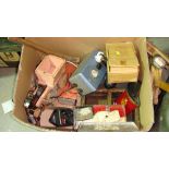 Box of tools, trug, Meccano spares, toy dog etc.