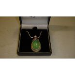 Chinese silver & green stone & enamel pendant on silver chain in presentation box