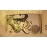 Box of hooks, tins, brass letter clip etc.