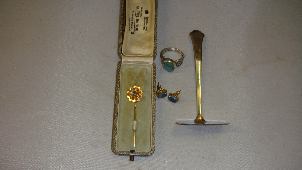 Silver scraper, 9 ct gold pin brooch set with aquamarine & pearls,