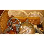 Box of wooden ware, leather belt, copper kettle etc.