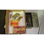 Box of oddments, tins, scissors, clippers etc.