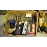 Box of oddments : Roberts Rambler radio, metal car ornament etc.