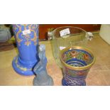 Decorative glass ware : Victorian hand decorated tumbler, frosted blue glass hat pin stand etc.