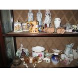 2 x shelves of decorative ornaments : Capo figure, commemorative ware,