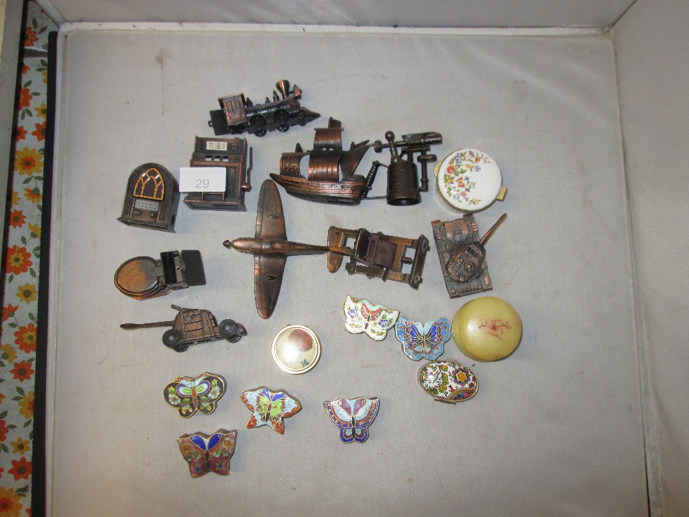 Assorted vintage novelty pencil sharpeners & pill & patch boxes