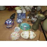 Blue and white china vases, table lamp, brass ware, seal ornament, Chintz etc.