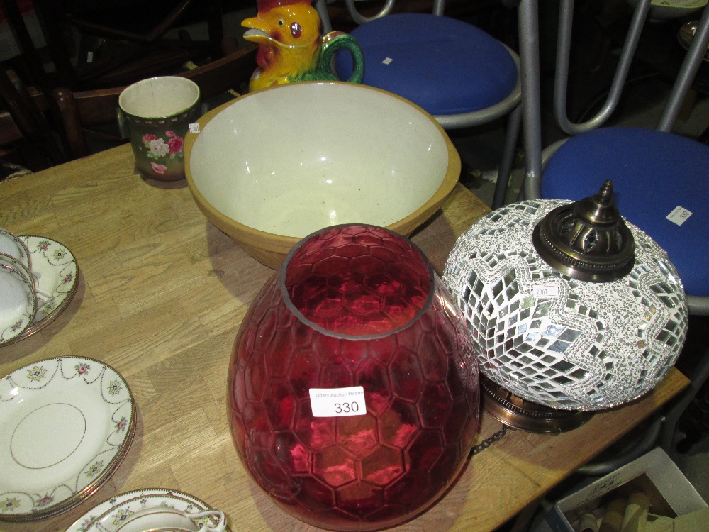 Cranberry glass paraffin lamp shade, majolica tea pot, mixing bowl, hanging lamp shade etc.