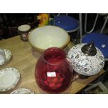 Cranberry glass paraffin lamp shade, majolica tea pot, mixing bowl, hanging lamp shade etc.