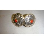 Pair of Thai silver earrings inset with coral