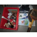 Tennis rackets, boules, Old Hall tea set, china ornaments etc.