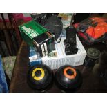 Box of oddments : tools, cameras, Henselite bowls etc.