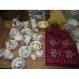 Assorted decorative tea ware, brandy glasses, Murano glass dish etc.