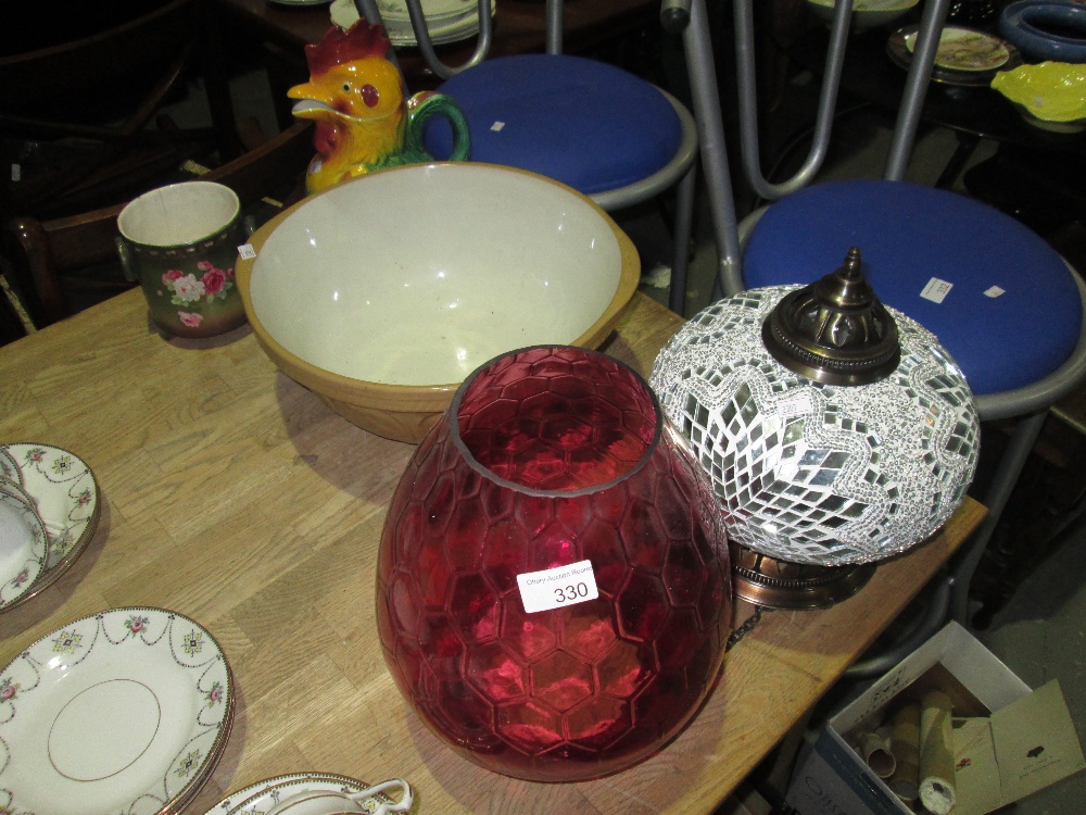 Cranberry glass paraffin lamp shade, majolica tea pot, mixing bowl, hanging lamp shade etc. - Image 2 of 2