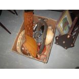 Box of wooden ware, leather belt, copper kettle etc.