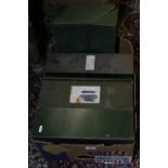 Four vintage green painted tin filing boxes.