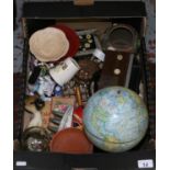 A box of miscellaneous including Chad Valley tin plate globe,