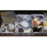 Three boxes of mixed ceramics and glass to include Crown Derby, Wade,