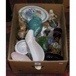 A box of miscellaneous including cork carvings under glass domes, Poole, Maling and old Tupton ware.