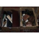 Two boxes of collectables including vintage cameras, wooden items and leather satchels etc.