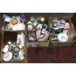 Four boxes of miscellaneous items to include Queen Anne teaware, plated ware, glassware etc.