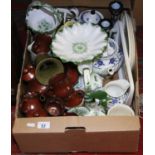 A box of miscellaneous to include Korean tea set, Portuguese vases, blue and white etc.