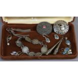 A collection of silver jewellery including three penny bit bracelet with Victorian and later