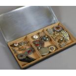 An Art Deco chrome cigarette box and collection of vintage costume jewellery including Celtic