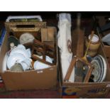 Two boxes of miscellaneous to include vintage cricket bats and tennis racket, Gladstone tea set,