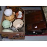 Two boxes of miscellaneous including mixed ceramics, metalwares, Victorian wooden storage boxes,