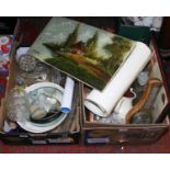 Two boxes of miscellaneous ceramics and glass, wall barometers and unframed prints etc.