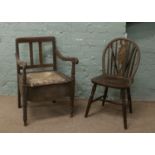 A Victorian mahogany commode along with a wheelback chair.