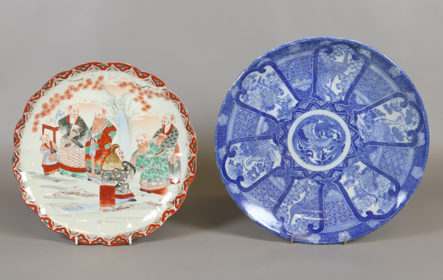 A Japanese fluted Kutani dish and another dish printed in underglaze blue.