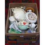 A box of miscellaneous including Spode, Commemorative ware, Masons,