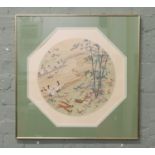 A framed Chinese watercolour on silk depicting birds in the landscape.