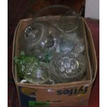 A box of glasswares to include decanter, lemonade jug, glasses, cake closh, lemon squeeze etc.