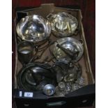 A box of assorted silver plate including cruet sets, epergne and pierced bowls etc.