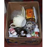 A box of ceramics and glass including cottage ware, Masons and Gibson teapot.