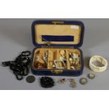 A leather mounted jewellery box and quantity of vintage costume jewellery including French jet,