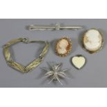 A small collection of silver and silver gilt jewellery including two cameo brooches,