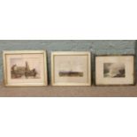 Three antique framed watercolours, a harbour scene with boats, moorland scene and a coastal scene.